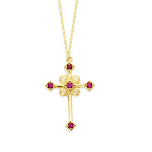NWT 14K Yellow Gold Diamond Ruby Cross Necklace